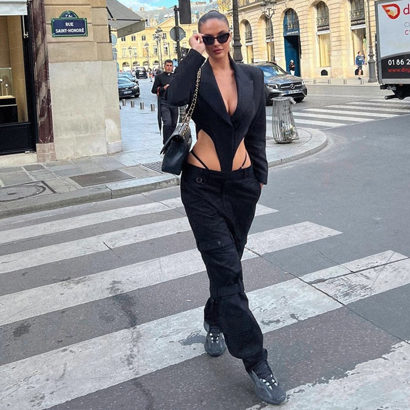 Deep V Backless High Cut Bodycon Bodysuit