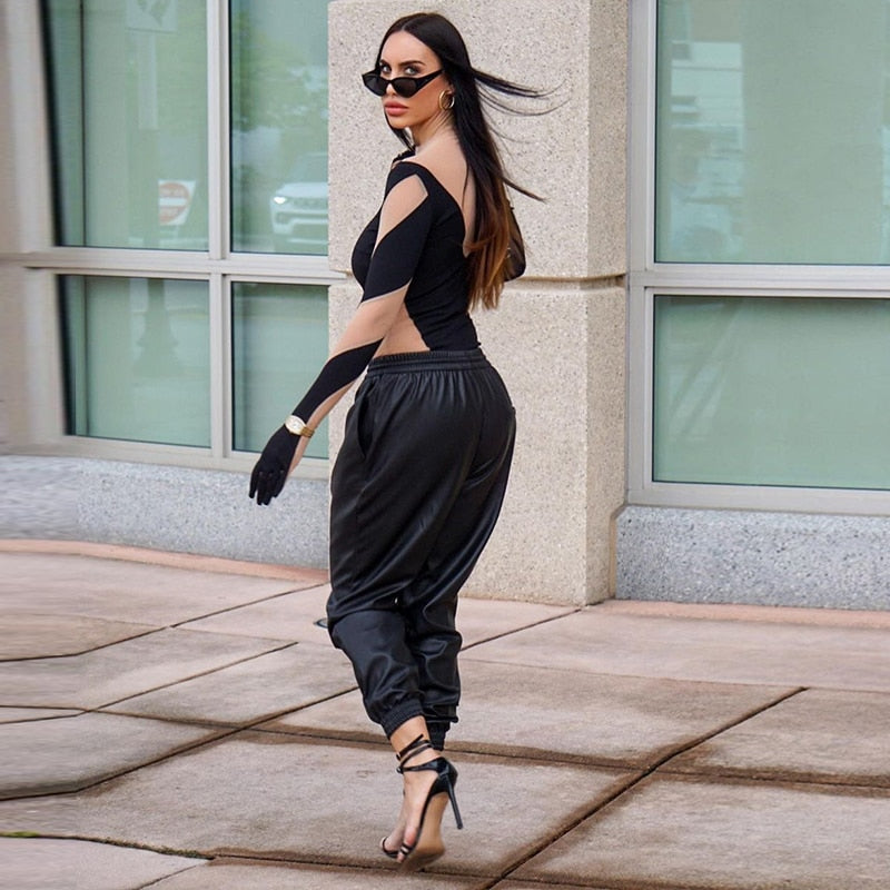 Long Sleeve Mesh Patchwork Bodysuit