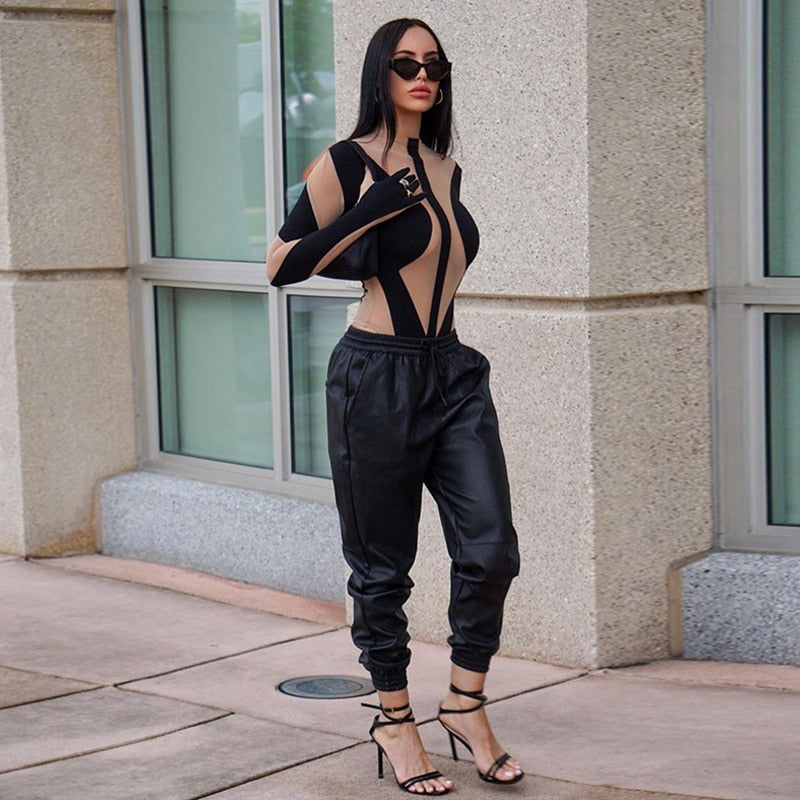 Long Sleeve Mesh Patchwork Bodysuit