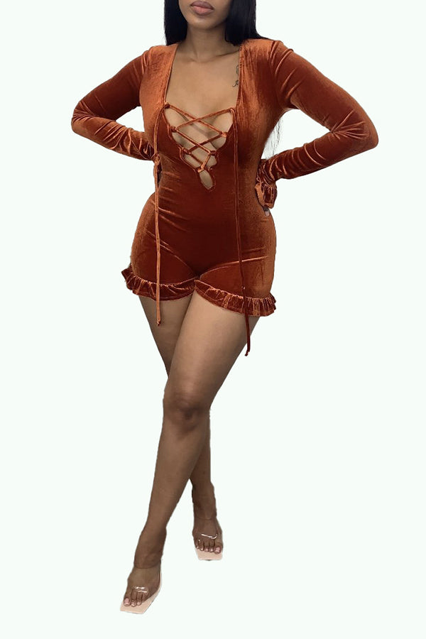 Velvet Ruffled Long-sleeved Hollow Lacing Romper