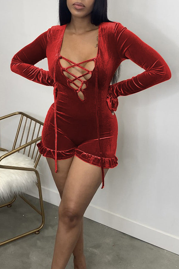 Velvet Ruffled Long-sleeved Hollow Lacing Romper