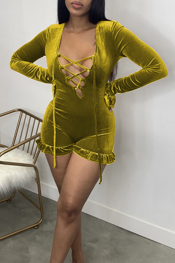 Velvet Ruffled Long-sleeved Hollow Lacing Romper