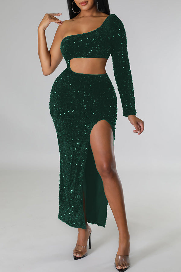 One Shoulder Hollow Long Sleeve High Slit Sequin Maxi  Dress