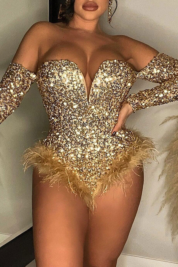 Off-Shoulder Feather Sequin Romper