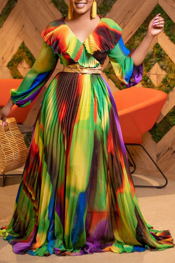 Printed Vneck Ruffled Waist Pleated Maxi Dress