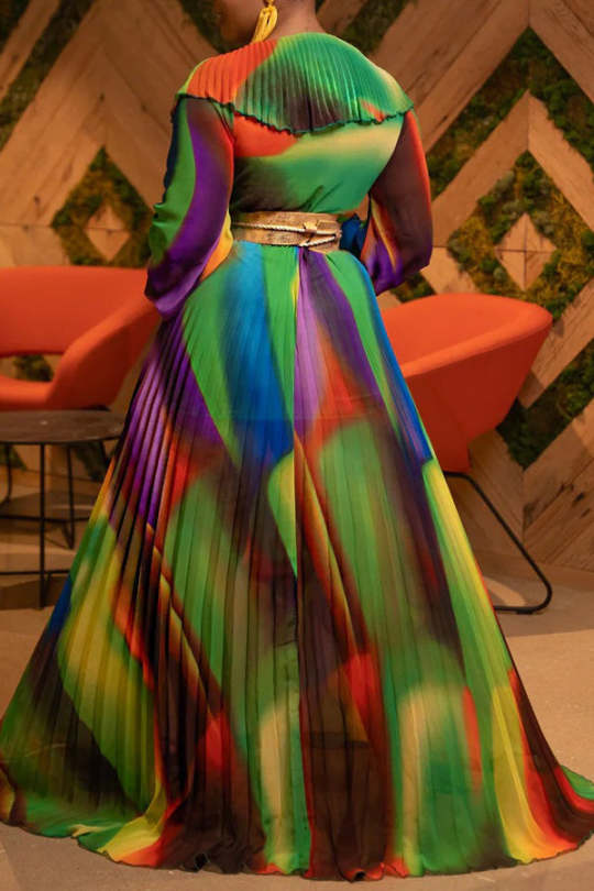 Printed Vneck Ruffled Waist Pleated Maxi Dress