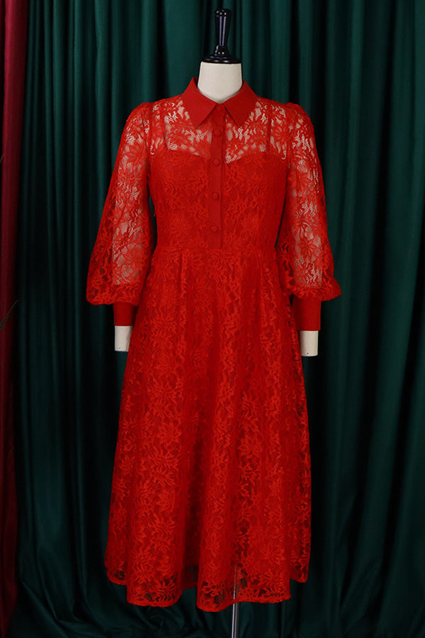 Casual Elegant Lace Swing Midi Dress