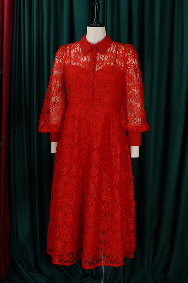 Casual Elegant Lace Swing Midi Dress