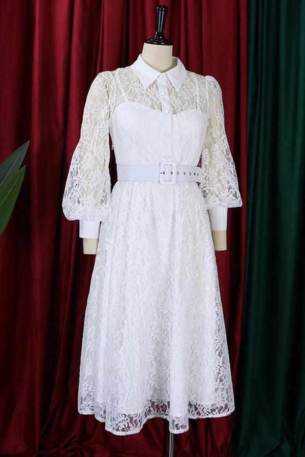 Casual Elegant Lace Swing Midi Dress