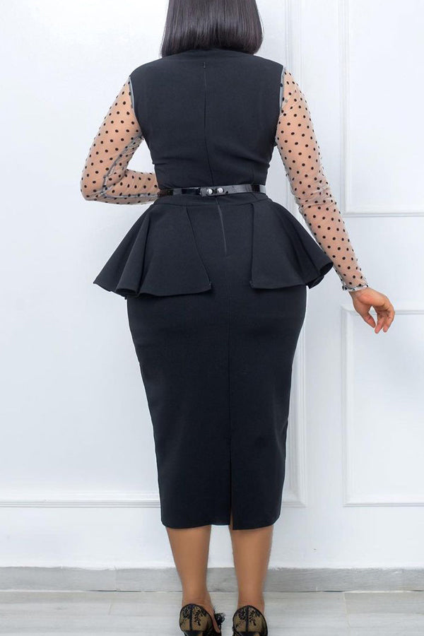 Commuter Polka Dot Mesh Sleeve V-neck Pleated Slim Midi Dress