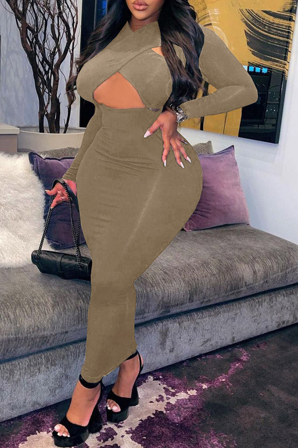 Sexy Hollow Cross Neck Slim Fit Long Sleeve Plus Size Maxi Dress