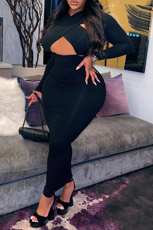 Sexy Hollow Cross Neck Slim Fit Long Sleeve Plus Size Maxi Dress