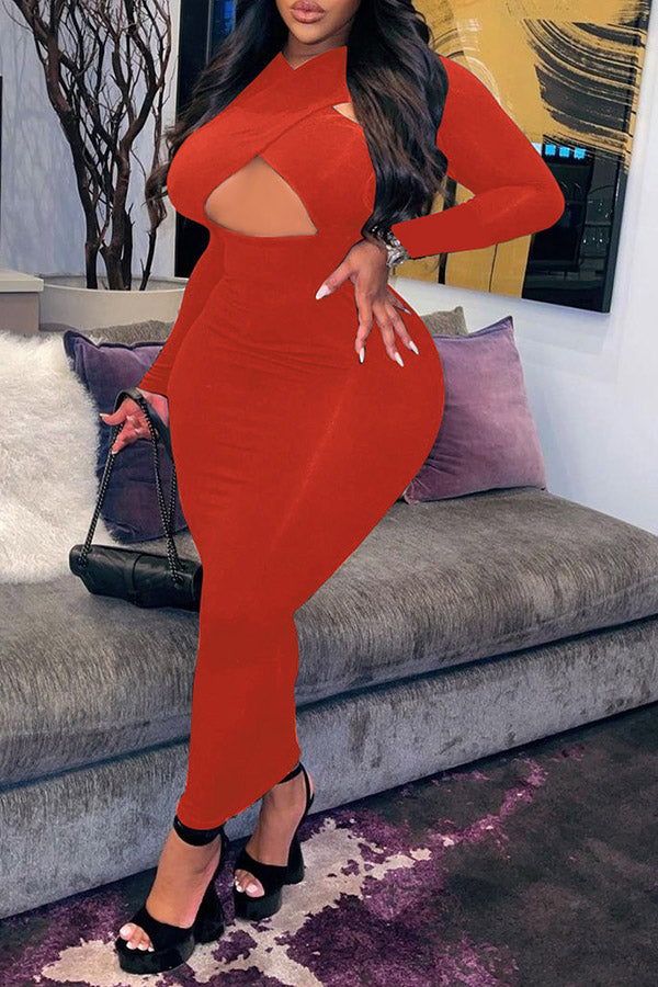 Sexy Hollow Cross Neck Slim Fit Long Sleeve Plus Size Maxi Dress
