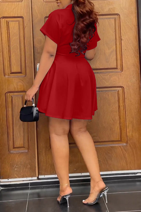 Temperament Solid Color Short Sleeve Shirt Collar A-Line Mini Dress