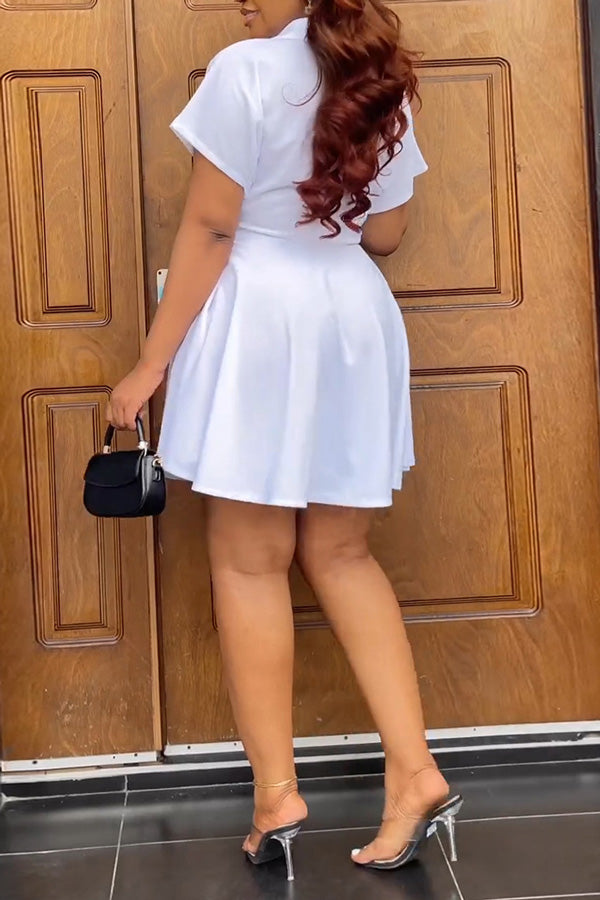 Temperament Solid Color Short Sleeve Shirt Collar A-Line Mini Dress