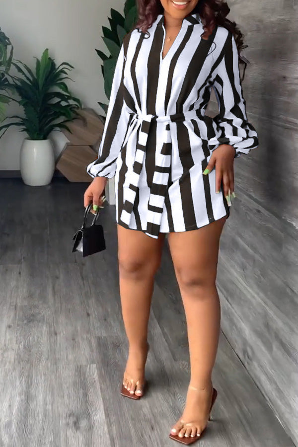 Fashion Stripe Print V-Neck Casual Dress with Belt
