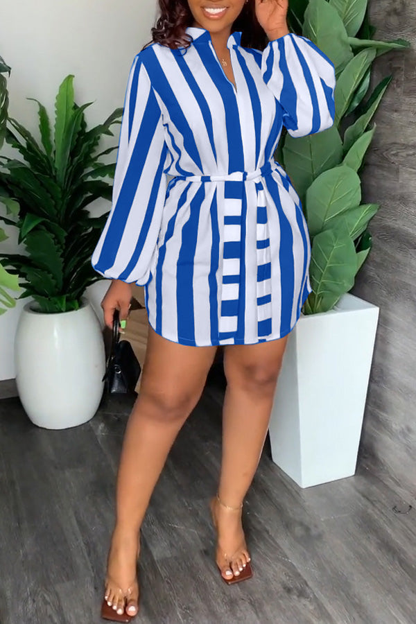 Fashion Stripe Print V-Neck Casual Dress with Belt