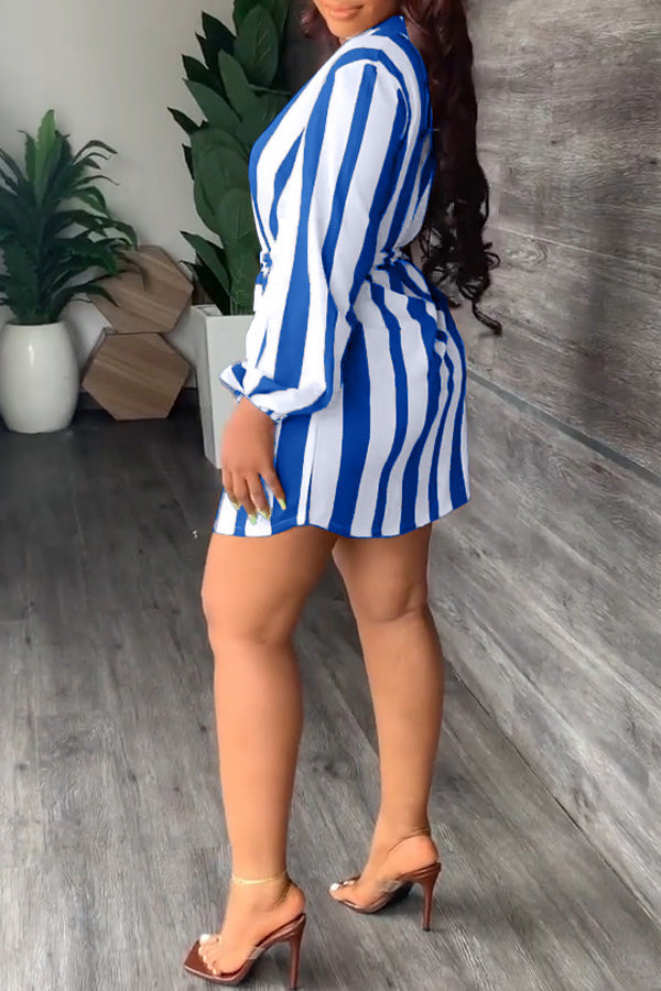 Fashion Stripe Print V-Neck Casual Dress with Belt
