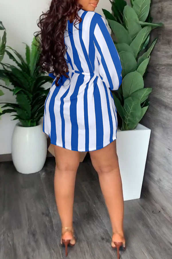 Fashion Stripe Print V-Neck Casual Dress with Belt