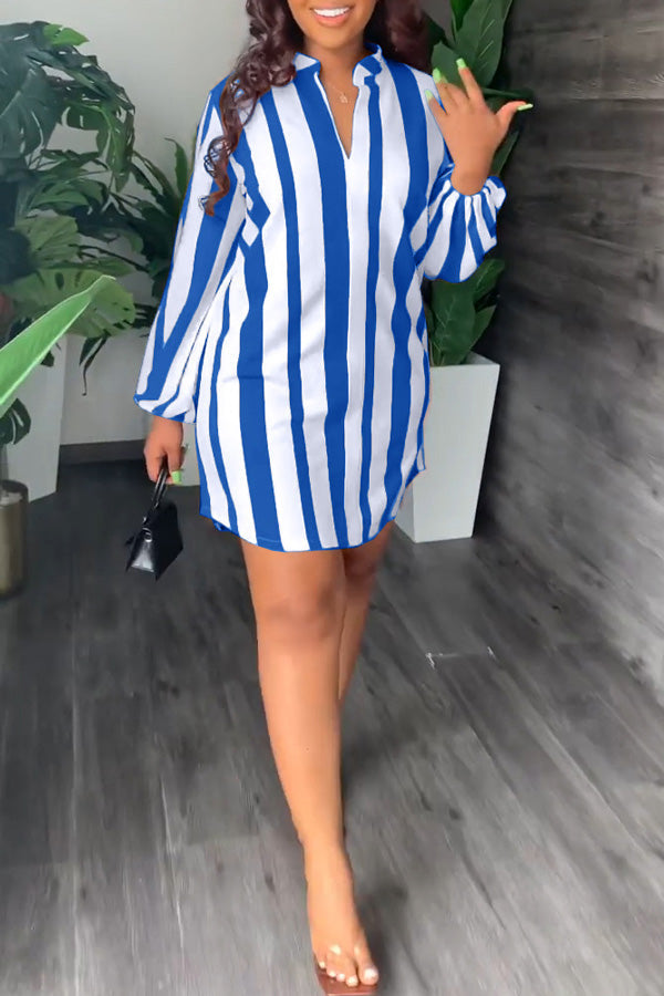 Fashion Stripe Print V-Neck Casual Dress with Belt
