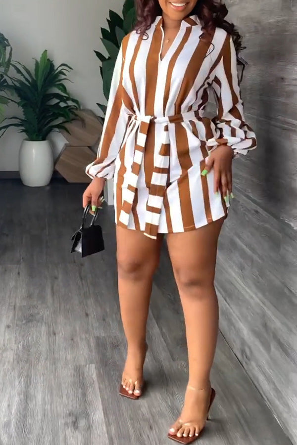 Fashion Stripe Print V-Neck Casual Dress with Belt