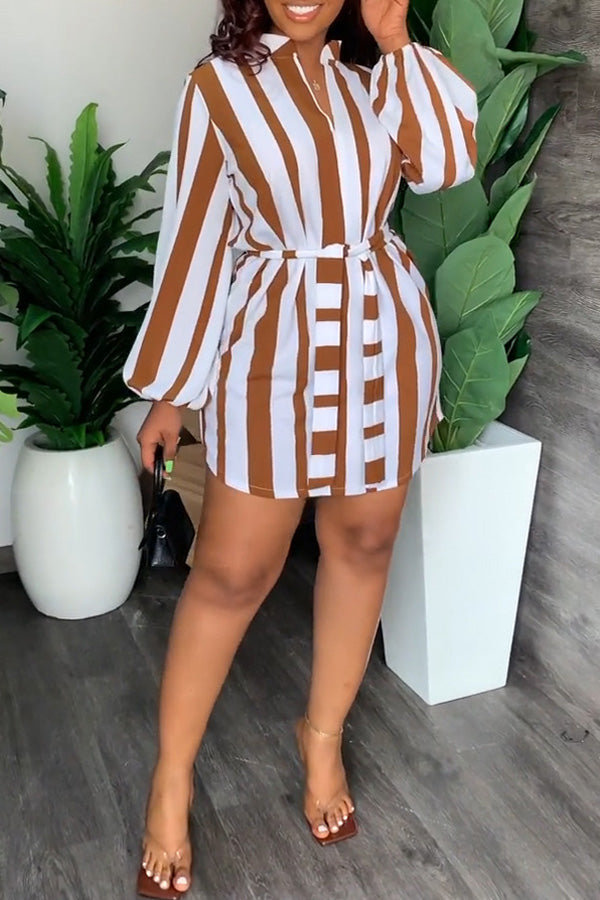 Fashion Stripe Print V-Neck Casual Dress with Belt
