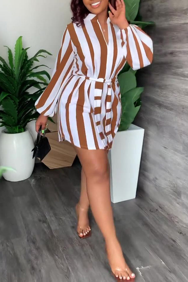 Fashion Stripe Print V-Neck Casual Dress with Belt