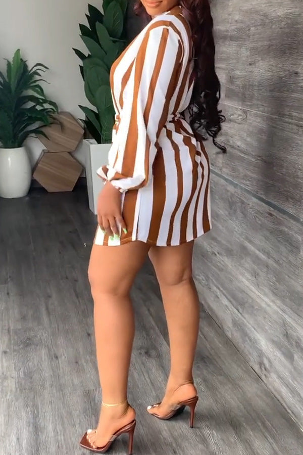 Fashion Stripe Print V-Neck Casual Dress with Belt