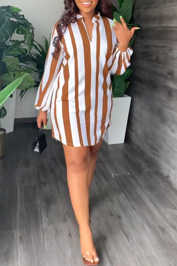 Fashion Stripe Print V-Neck Casual Dress with Belt