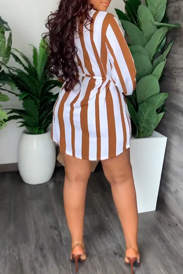 Fashion Stripe Print V-Neck Casual Dress with Belt