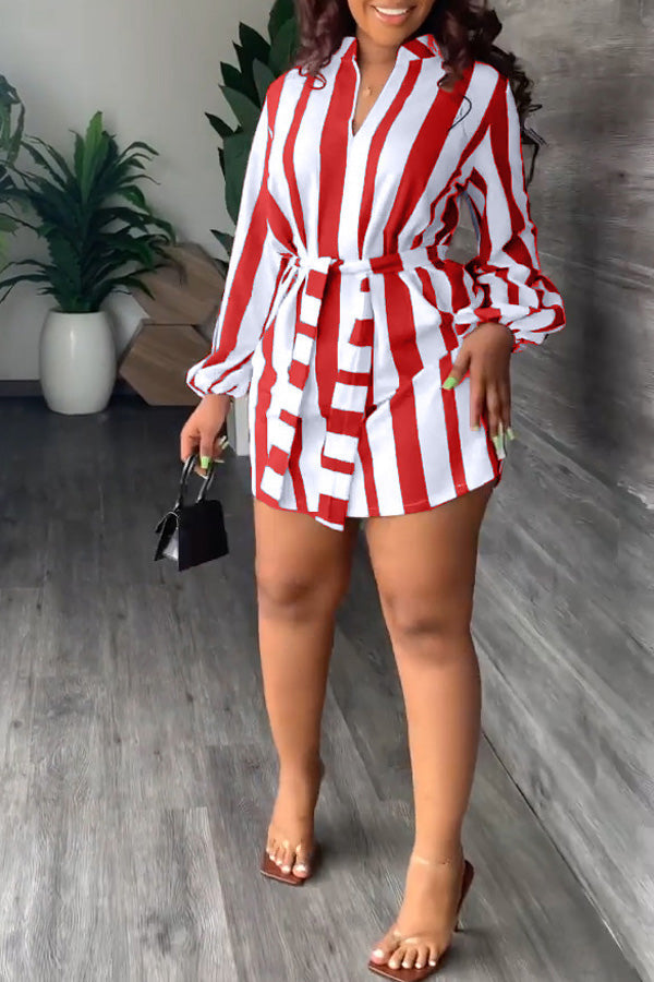 Fashion Stripe Print V-Neck Casual Dress with Belt