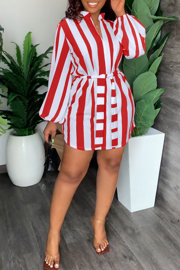 Fashion Stripe Print V-Neck Casual Dress with Belt
