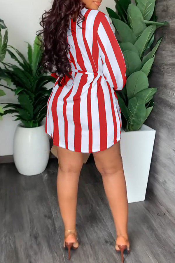 Fashion Stripe Print V-Neck Casual Dress with Belt