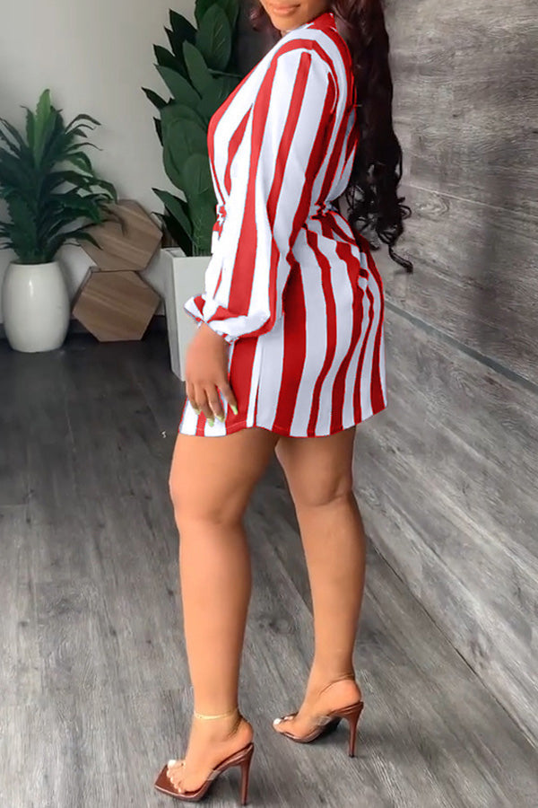 Fashion Stripe Print V-Neck Casual Dress with Belt