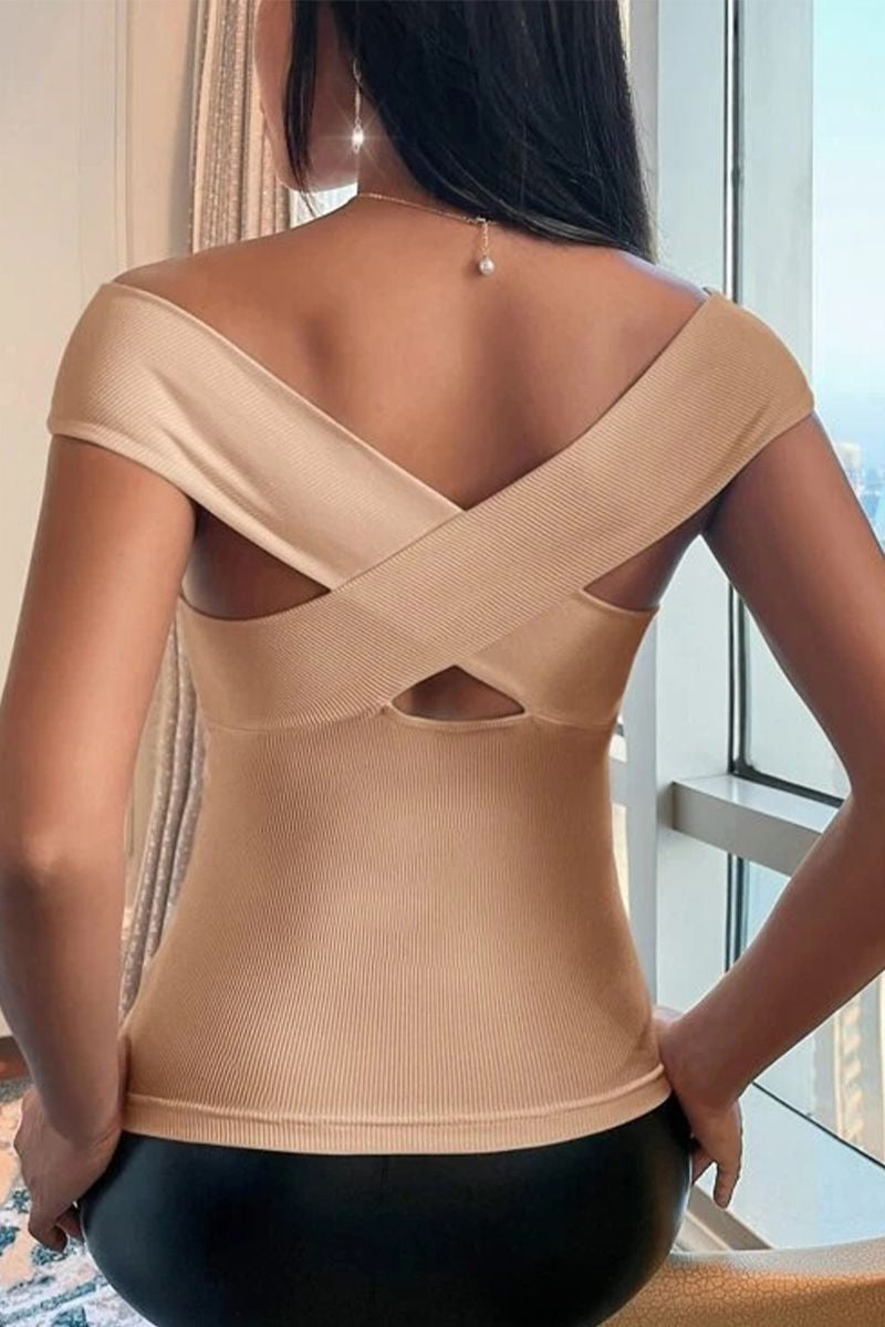 Solid Ribbed Criss Cross Off Shoulder T-Shirt-Pinkami