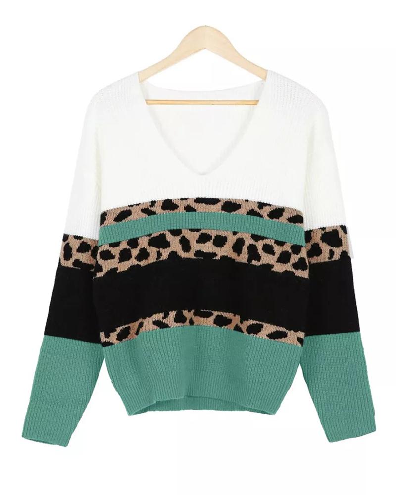 Colorblock Leopard Print Ribbed V Neck Sweater-Pinkami