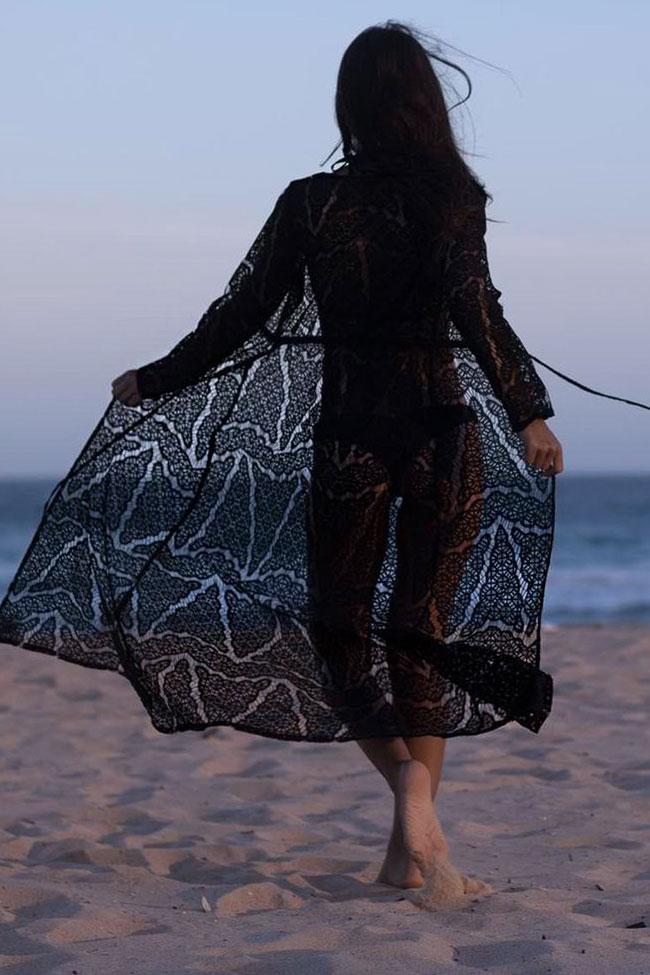 Exquisite Long Sleeve Drawstring Maxi Lace Cover Up-Pinkami