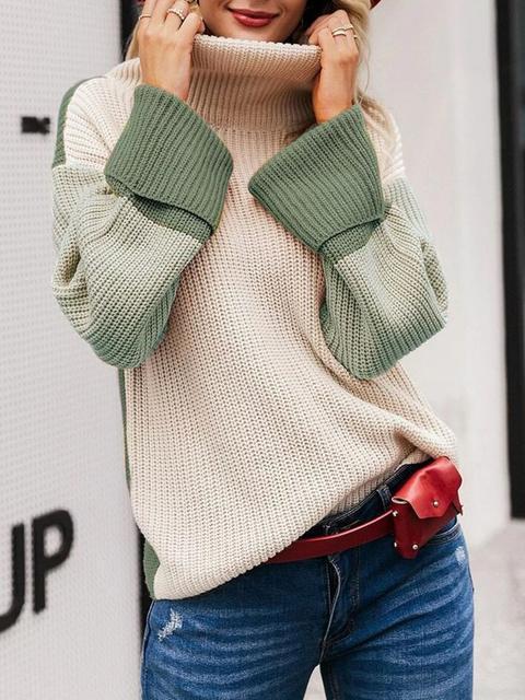 Color Block Loose Funnel Neck Sweater-Pinkami