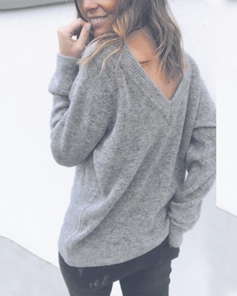 Solid Long Sleeve V Neck Sweater-Pinkami