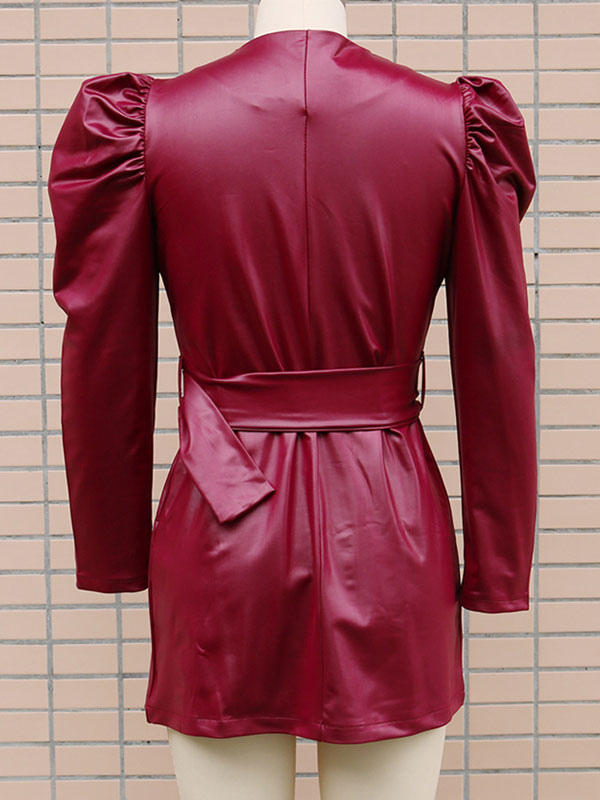 Burgundy Long Sleeves Sash PU Leather Short Mini Dress