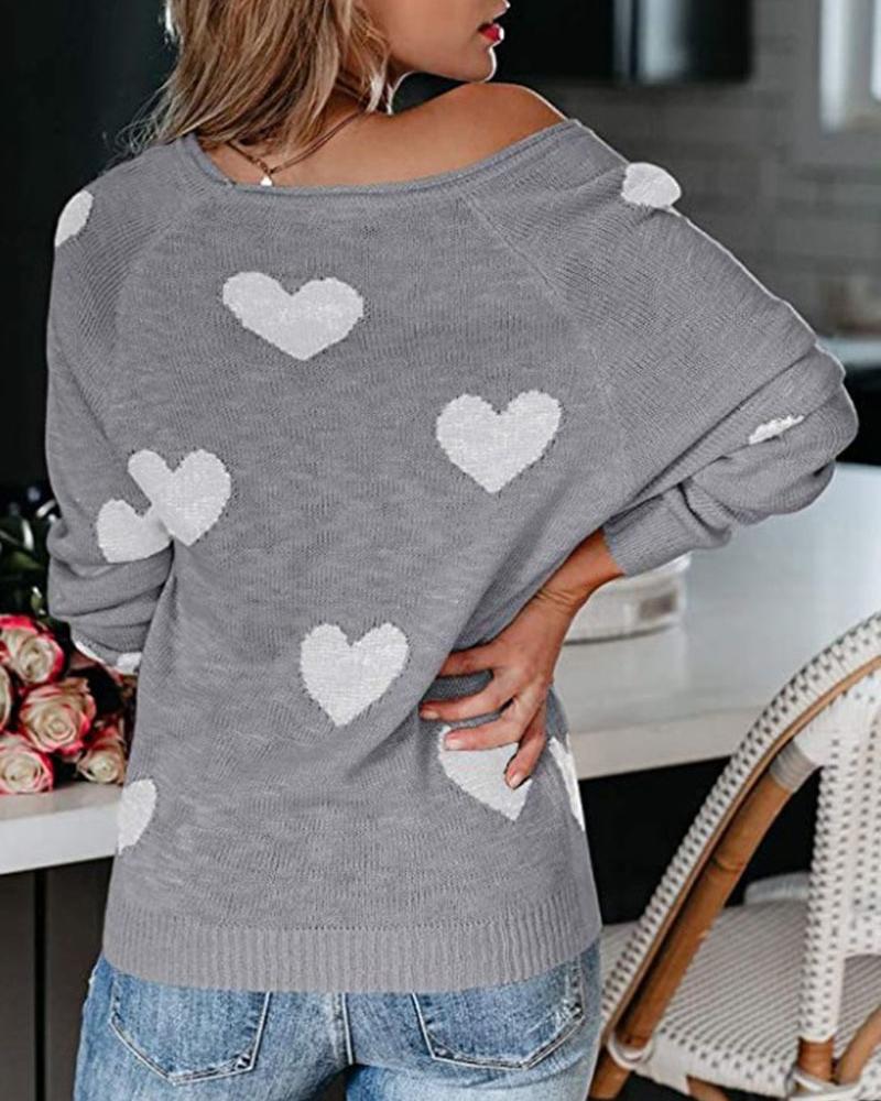 Heart Print Rib Knit Raglan Sleeve Sweater-Pinkami