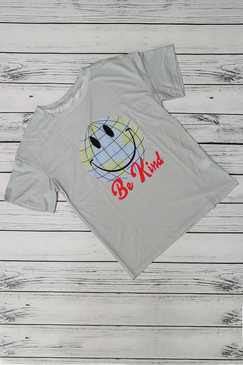 Smile Face & Letter Print Round Neck T-Shirt-Pinkami