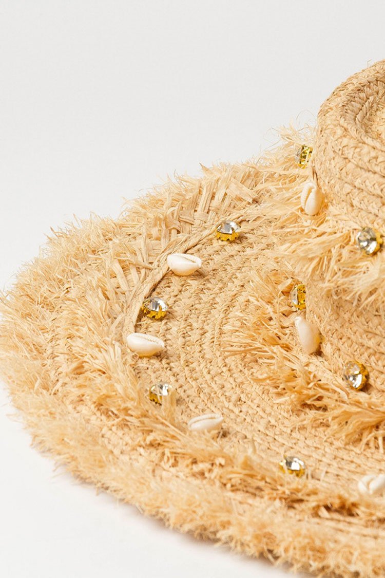 Glitter Frayed Shell Beach Straw Sun Hat