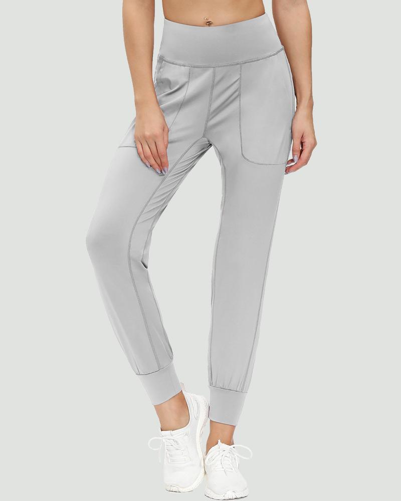 Slant Pocket Wide Waistband Elastic Hem Sports Leggings For Women-Pinkami