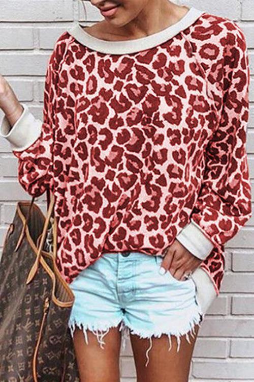 Leopard Print Color Long Sleeve T-shirt-Pinkami