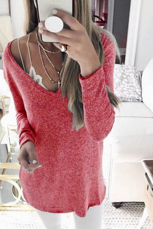 Casual long sleeve V-neck sweater-Pinkami