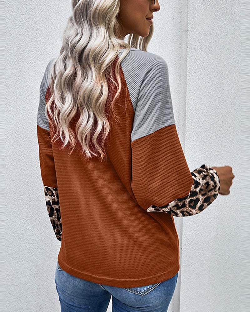 Cheetah Panel Colorblock Twist Front Drop Bishop Sleeve Sweater-Pinkami