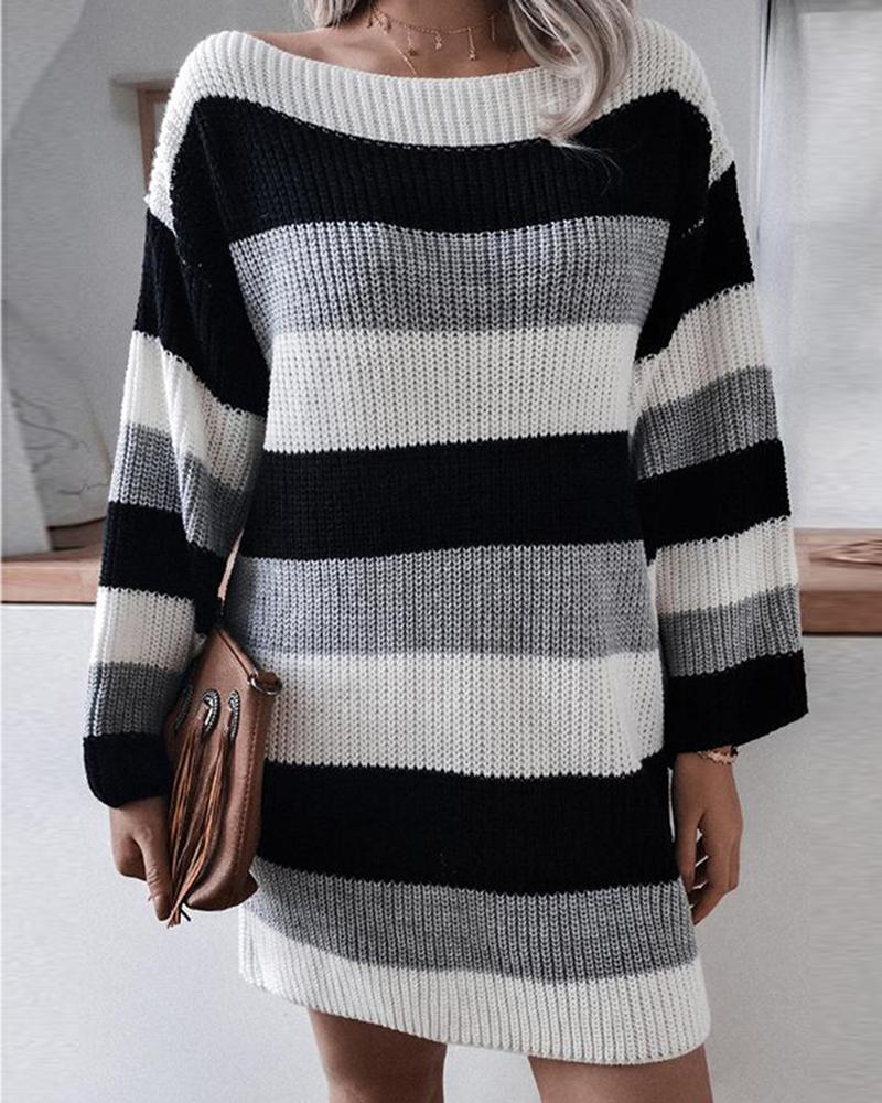 Striped Chunky Knit Boat Neck Sweater-Pinkami