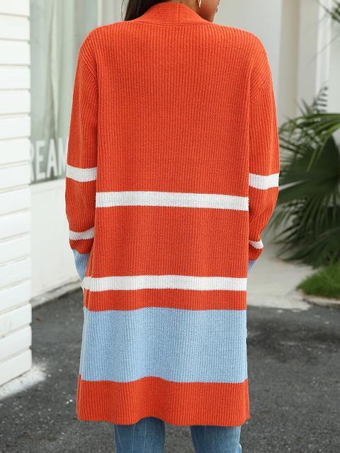 Stripe Stitching Contrast Sweater Cardigan-Pinkami