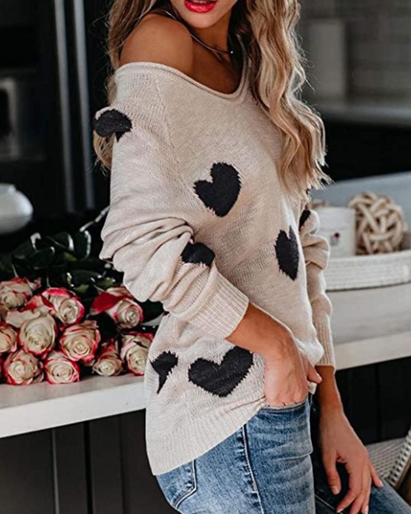 Heart Print Rib Knit Raglan Sleeve Sweater-Pinkami